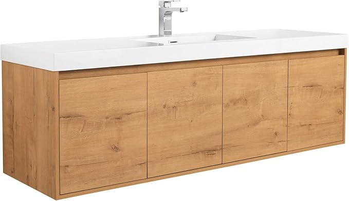 Blossom 60 Inch Bathroom Vanity with Sink, Wall Mounted Floating Bathroom Vanity Cabinet with Acrylic Sink, All Wood Soft Close Doors and Storage, Space Saving Design, Classic Oak Finish