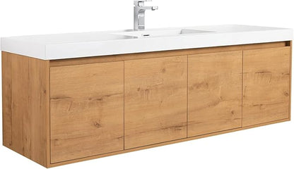 Blossom 60 Inch Bathroom Vanity with Sink, Wall Mounted Floating Bathroom Vanity Cabinet with Acrylic Sink, All Wood Soft Close Doors and Storage, Space Saving Design, Classic Oak Finish