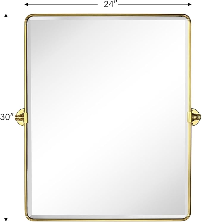 Farmhouse Pivot Rectangle Bathroom Mirror Brushed Gold Metal Framed Tilting Beveled Vanity Mirrors for Wall, Overall 27.91x 30 inches (Mirrror 24 x 30 inches)