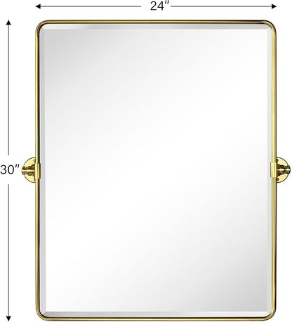 Farmhouse Pivot Rectangle Bathroom Mirror Brushed Gold Metal Framed Tilting Beveled Vanity Mirrors for Wall, Overall 27.91x 30 inches (Mirrror 24 x 30 inches)