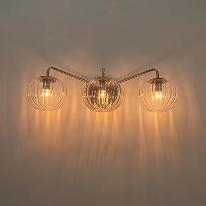 Lingkai 3 Light Bathroom Light Fixtures,Brushed Nickel Modern Vanity Lights with Clear Striped Glass Shades,Bathroom Vanity Lighting Over Mirror for Living Room Dinning Room Bedroom