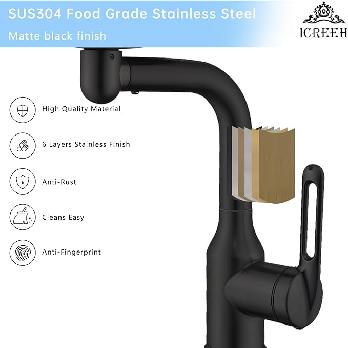 Bathroom Sink Faucet 1 Hole, Matte Black Multifunctional Basin Faucet with 4 Water Outlet Modes, Modern 360°Rotatable Bar Tap with Two Water Supply Pipes