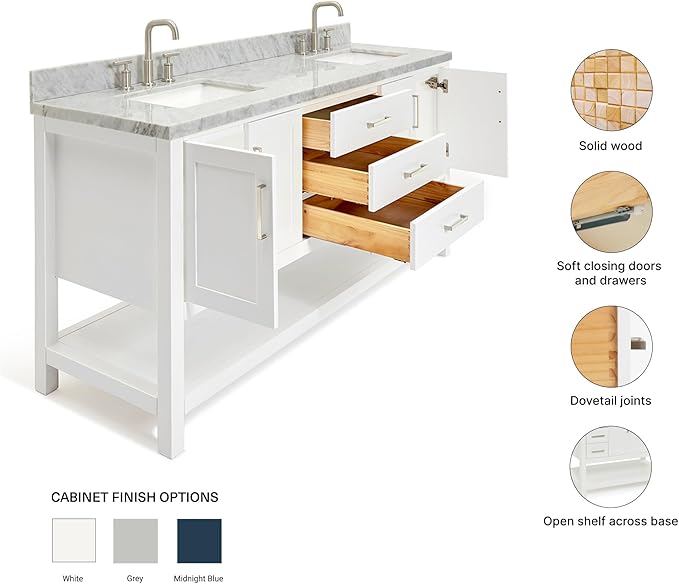 ARIEL Magnolia 72-inch Bathroom Vanity with Sink,Solid Wood, 1.5-inch Italian Carrara Marble Countertop, Double Rectangular Porcelain Sink, 4 Soft Closing Doors, 3 Dovetail Drawers, White