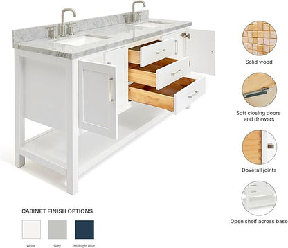ARIEL Magnolia 72-inch Bathroom Vanity with Sink,Solid Wood, 1.5-inch Italian Carrara Marble Countertop, Double Rectangular Porcelain Sink, 4 Soft Closing Doors, 3 Dovetail Drawers, White