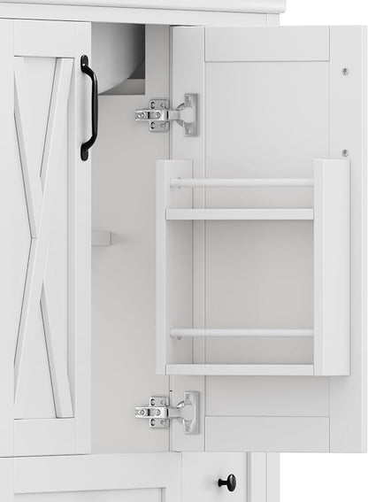 36" Bathroom Vanity with Sink, Freestanding Bathroom Cabinet | Ceramic Top & Backsplash, 4 Storage Drawers, X-Shaped Doors, Adjustable Shelving, Door Storage and Towel Bar, white