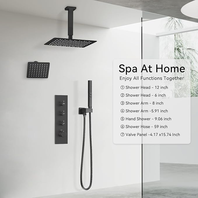 Shower Faucet Set,Thermostatic Shower System,12 Inch Ceiling Mounted and 6 Inch Wall Mount Rain Shower Head with 2 in 1 Handhled,High Pressure Dual Shower Head Combo Set Matte Black