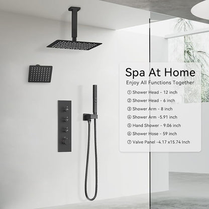 Shower Faucet Set,Thermostatic Shower System,12 Inch Ceiling Mounted and 6 Inch Wall Mount Rain Shower Head with 2 in 1 Handhled,High Pressure Dual Shower Head Combo Set Matte Black