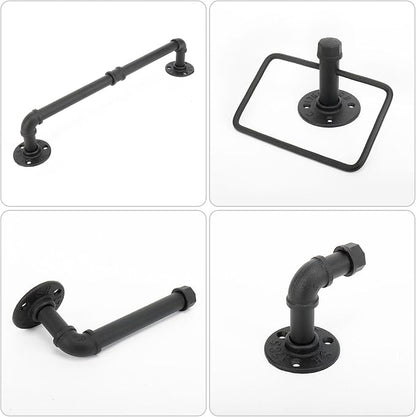 5-Pieces Industrial Pipe Bathroom Accessories Hardware Kit DIY Wall Mounted Includes Towel Bar Robe Hooks Toilet Paper Holder and Towel Ring (Black, 18 Inch)