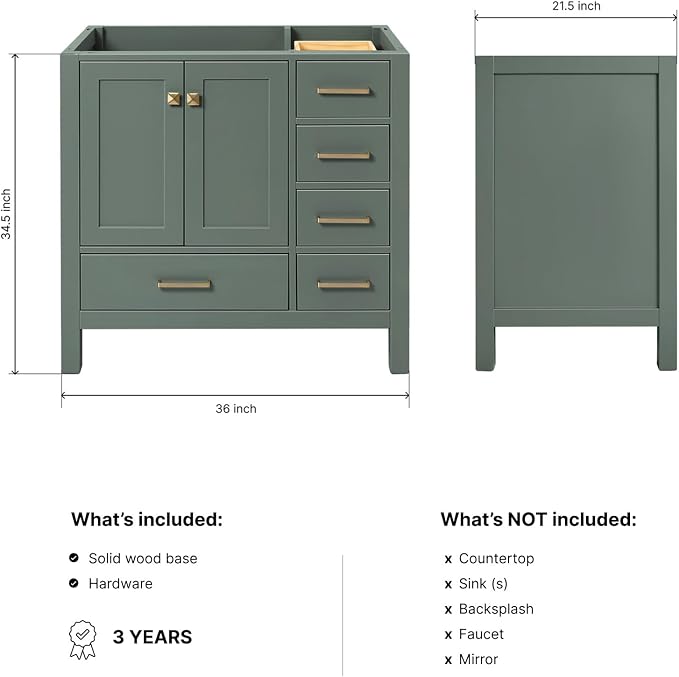 ARIEL Cambridge 36-inch Bathroom Vanity Base Cabinet,Solid Wood, 2 Soft Closing Doors, 5 Dovetail Drawers, Vintage Green