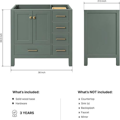 ARIEL Cambridge 36-inch Bathroom Vanity Base Cabinet,Solid Wood, 2 Soft Closing Doors, 5 Dovetail Drawers, Vintage Green