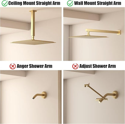 16 In Rain Shower Head High Pressure Rainfall Shower Head Brushed Gold | Square Rain Bathroom Showerhead, High Flow, Large Stainless Steel, Ceiling Mounted, Wall Mounted, Waterfall Full Body