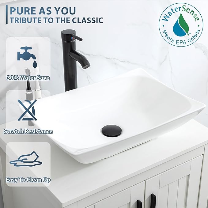 eclife 84" Modern Bathroom Vanity Sink Combo Freestanding Cabinet with Small Side Cabinet, White Curved Ceramic Vessel Sink, Water Save Faucet, Drain (Black+T32)
