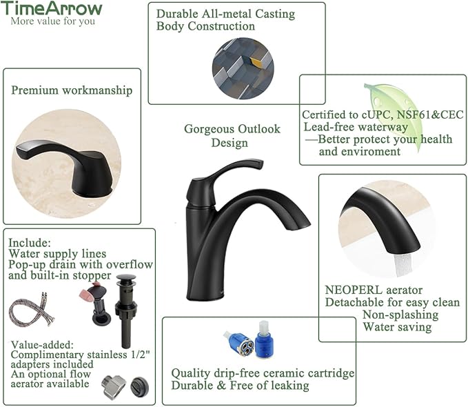 Bathroom Sink Faucet Matte Black, Single Handle Bathroom Faucet for 1 Hole with 3 Holes Deck Plate, Lavatory Vanity Faucets, Pop Up Drain and Water Supply Lines Included, TAF206-MB