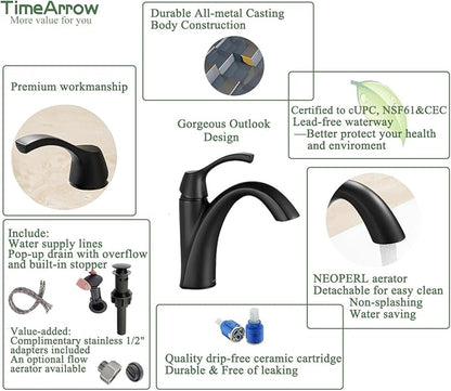 Bathroom Sink Faucet Matte Black, Single Handle Bathroom Faucet for 1 Hole with 3 Holes Deck Plate, Lavatory Vanity Faucets, Pop Up Drain and Water Supply Lines Included, TAF206-MB