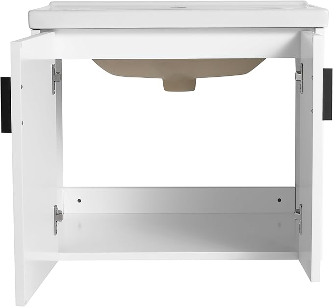 SSLine 24" Wall-Mount Bathroom Vanity Modern Floating Bathroom Vanity Set with Ceramic Sink Basin & Storage Cabinet 24-Inch Luxury White Small Bathroom Vanities with Round Metal Handles