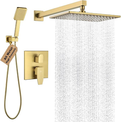 Shower Faucet Set Brushed Gold Rianfall 12 Inch Shower Head and Handle Set Bathroom Rain Shower System Wall Mounted Shower Fixture Include Shower Valve and Trim Kit