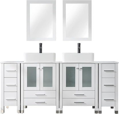 LUCKWIND 72" Double 24-in Bathroom Vanity with Sink Combo, Elegant Series with Two 12.6-in Side Cabinets, Painted Frame, Including Black Line Rectangle Sinks, Faucets Without Mirrors, White