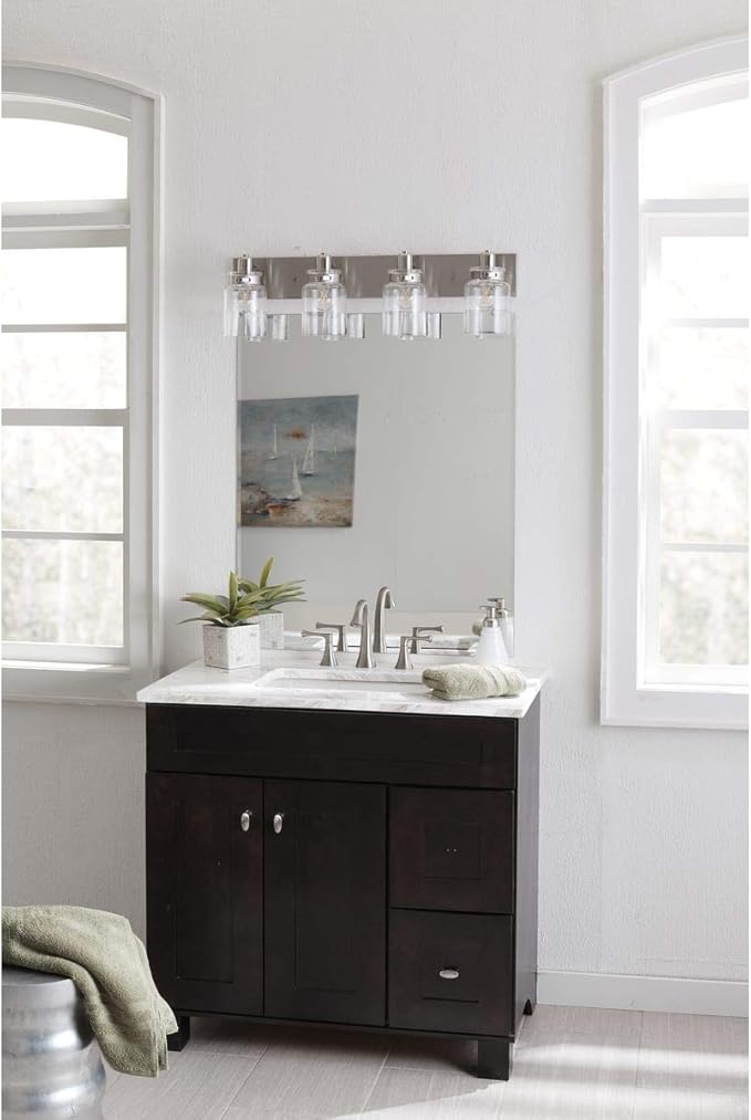 Progress Lighting P300048-009 Calhoun Collection Clear Glass Farmhouse Bath Vanity Light, 4-Light, Brushed Nickel