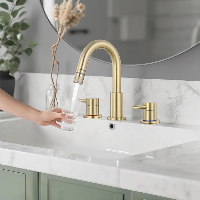 8 Inch Bathroom Faucet 3 Hole Gold Pull Down Bathroom Sink Faucet | Stainless Steel,Two Water Flow Modes,Brushed Nickle,3 hole Widespread,Pop-up Drain,Water Supply Hoses,Pull Down Sprayer,