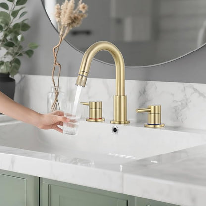 8 Inch Bathroom Faucet 3 Hole Gold Pull Down Bathroom Sink Faucet | Stainless Steel,Two Water Flow Modes,Brushed Nickle,3 hole Widespread,Pop-up Drain,Water Supply Hoses,Pull Down Sprayer,