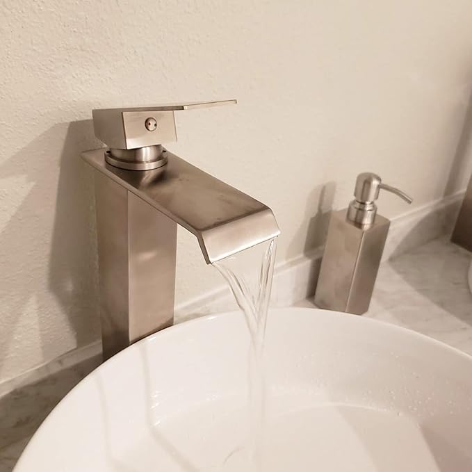 Bathroom Vessel Faucet Brushed Nickel One Hole Bowl of Sink Faucet Waterfall Tall Single Handle Bathroom Faucets with Drain Assembly Modern Vanity Lavatory Deck Mount Supply Lines Hose