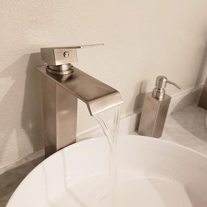 Bathroom Vessel Faucet Brushed Nickel One Hole Bowl of Sink Faucet Waterfall Tall Single Handle Bathroom Faucets with Drain Assembly Modern Vanity Lavatory Deck Mount Supply Lines Hose