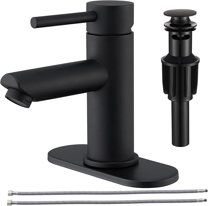 Bathroom Faucets with Pop Up Drain, Stainless Steel Single Handle Bathroom Sink Faucets with Water Faucet Supply Lines for Farmhouse RV Vanity(Matte Black)