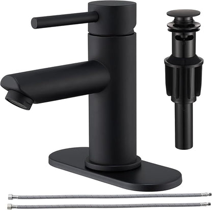 Bathroom Faucets with Pop Up Drain, Stainless Steel Single Handle Bathroom Sink Faucets with Water Faucet Supply Lines for Farmhouse RV Vanity(Matte Black)