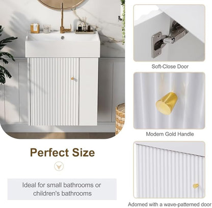 22" Small Bathroom Vanity with Sink, Floating Vanity for Bathrooms with Soft-Close Door and Open Shelf, Wall Mounted Narrow Bathroom Vanities for Compact Bathrooms (White,22" Floating Right Shelf)
