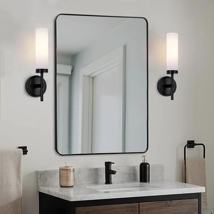 Black Bathroom Wall Sconces Set of 2, Modern Sconces Wall Lighting Vanity Lights with Opal White Glass Shade, Farmhouse Wall Mount Lamp for Mirror Living Room Bedroom Hallway Kitchen Stairs