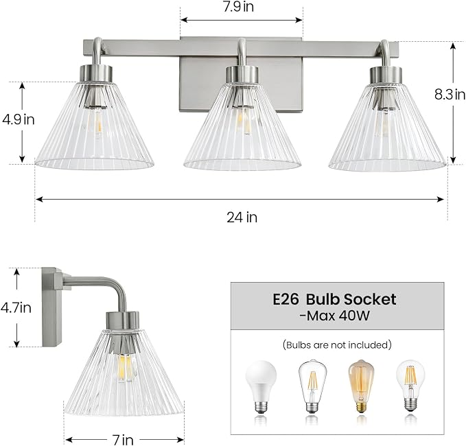 AIJIASI 3-Light Bathroom Light Fixtures Brushed Nickel Vanity Lights for Bathroom with Ribbed Glass Shade 24 Inch Bathroom Lighting Fixtures Over Mirror Wall Sconce Light for Restroom