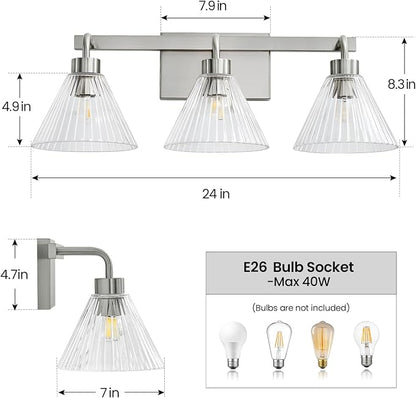 AIJIASI 3-Light Bathroom Light Fixtures Brushed Nickel Vanity Lights for Bathroom with Ribbed Glass Shade 24 Inch Bathroom Lighting Fixtures Over Mirror Wall Sconce Light for Restroom