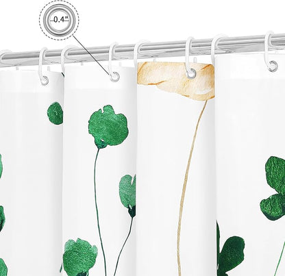 Emerald Green Beige Watercolor Floral Fabric Shower Curtain, 72x72 | Waterproof Fabric, Modern Minimalist Floral Print, Machine Washable, Rustproof Grommets, for Bathroom