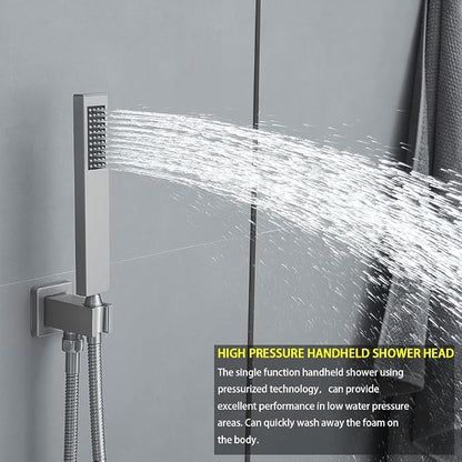 Shower Faucet Set Brushed Nickel 12 Inch Ceiling Mount Rainfall Shower System with 2 Rain Shower Head and Handheld Head Push Button Diverter Shower Trim Kit and Rough-in Valve Body