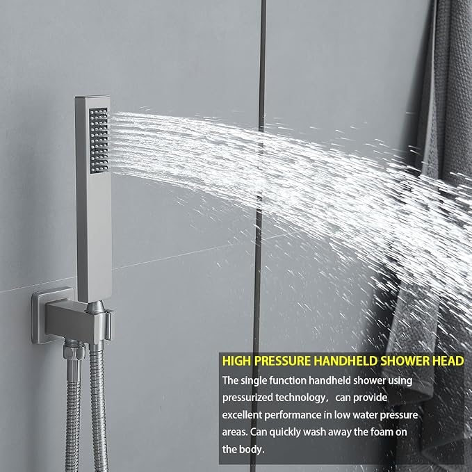 Shower Faucet Set Brushed Nickel 10 Inch Wall Mount Rainfall Shower System with 2 Rain Shower Head and Handheld Head Push Button Diverter Shower Trim Kit and Rough-in Valve Body