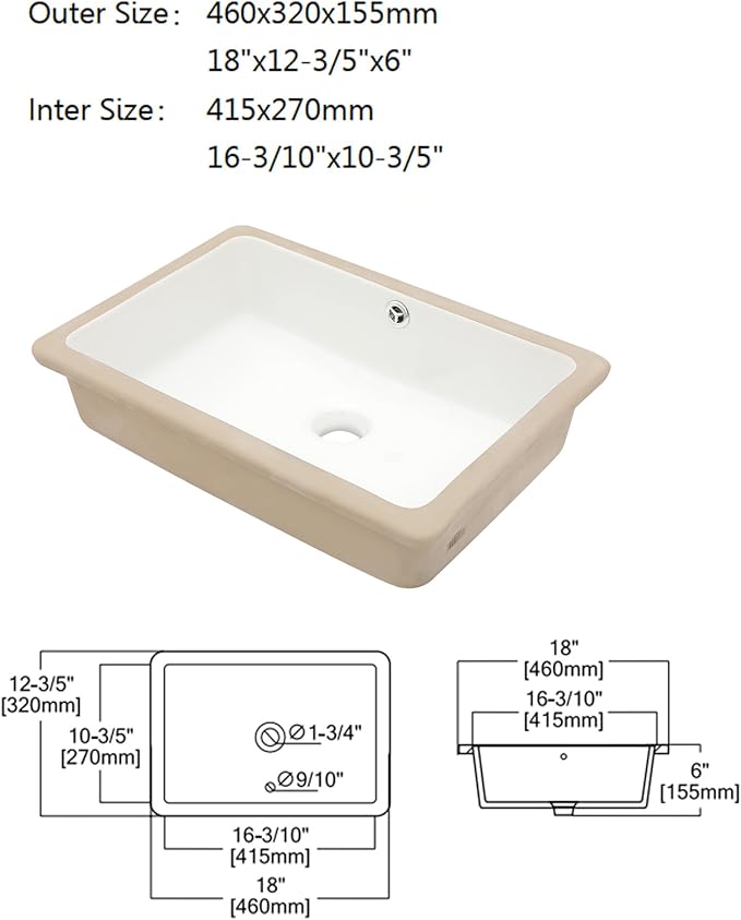 Dcolora Undermount Bathroom Sink Rectangle 18"x12" White Porcelain Ceramic Rectangular Vessel Sink Under Counter Lavatory Vanity Bath Sink Bowl Basin With Overflow