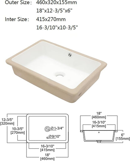 Dcolora Undermount Bathroom Sink Rectangle 18"x12" White Porcelain Ceramic Rectangular Vessel Sink Under Counter Lavatory Vanity Bath Sink Bowl Basin With Overflow
