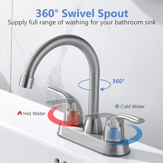 Bathroom Sink Faucet with Pop-up Drain Assembly, 4 Inch 2 Handle Centerset Faucet - Temperature Control, Easy to Install, Durable & Safety - Lavatory Faucet Brushed Nickel, Easy to Clean
