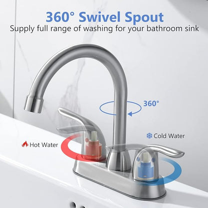 Bathroom Sink Faucet with Pop-up Drain Assembly, 4 Inch 2 Handle Centerset Faucet - Temperature Control, Easy to Install, Durable & Safety - Lavatory Faucet Brushed Nickel, Easy to Clean