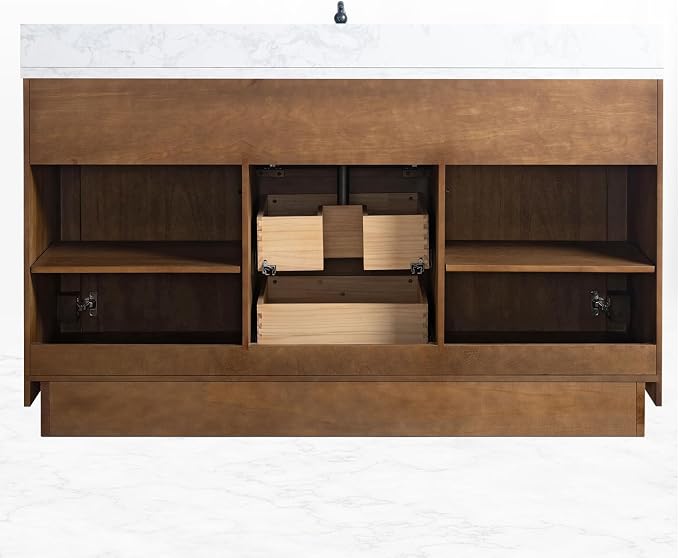 Vanity Art 60 inch Bathroom Vanity with Single Sink, Modern Wood Bath Vanity with Carrara Marble Top, Vanity Cabinet with Doors， Removable Shelf, Solid Wood Frame, Ceramic Sink, Tan, VA7060E