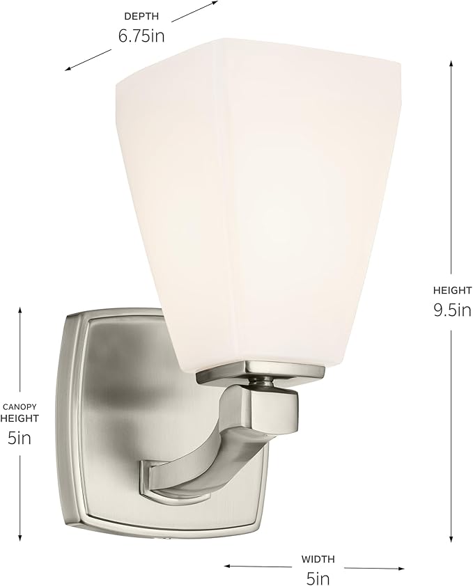 Kichler Marant 5" 1-Light Wall Sconce with Opal Glass in Brushed Nickel, for Bathroom, Powder Room, Hallway, Fireplace, (5" W x 9.5" H), 55214NI