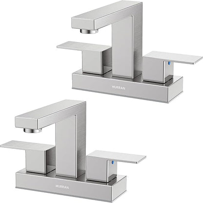 Bathroom Sink Faucet, Hurran 4 inch Brushed Nickel Bathroom Faucets for Sink 3 Hole with Pop-up Drain and Supply Lines, Stainless Steel 2-Handle Faucet for Vanity RV Restroom, 2 Pack