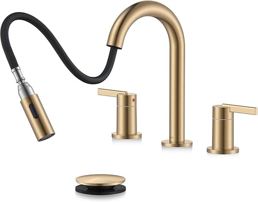 KENES Champagne Bronze Pull Down Bathroom Faucet, 8 Inch 2 Handle Widespread Bathroom Faucet 3 Hole with Pull Out Sprayer, Bathroom Vanity Faucet with Pop Up Drain & Supply Lines LJ-9068-CB