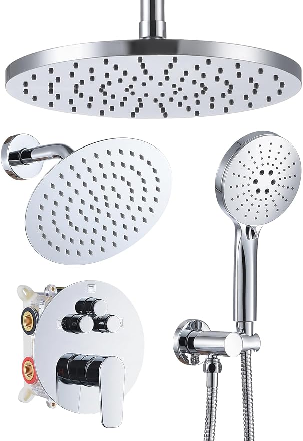 Woindo Shower Faucet Set 10" Rain Shower Head/8'' Side Shower Head and 3 Setting Handheld Ceiling Mount 3 Push Button Diverter Complete Rainfall Round Shower System Included Valve Trim Kit