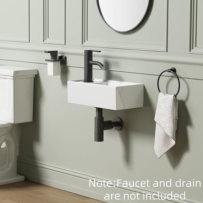 Small Wall Mount Bathroom Vessel Sink, QISHKA 15.5" X 8.5" Rectangular Floating Ceramic Wash Hand Basin- White Wall Hung Vanity Sink with Overflow for Small Bathroom (Left Hand)