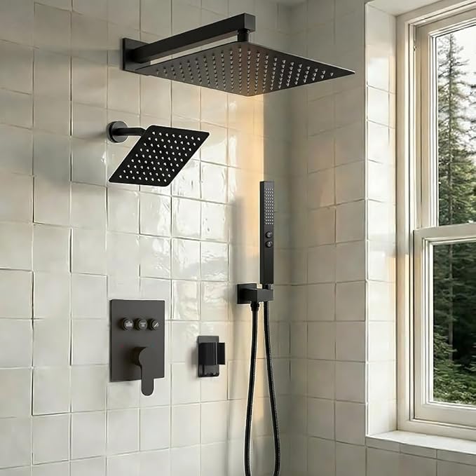 Shower Faucet Set Matte Black Shower System,STARBATH Push Button Diverter Shower Set with 2 in 1 Handheld,Can Use All at Once, 12 Inch Rainfall Shower and 6 Inch Wall Mount Shower Head