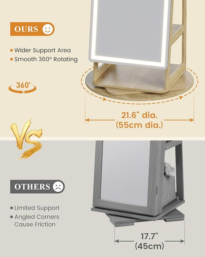 LVSOMT LED Arched Mirror Jewelry Cabinet Standing, Lockable Jewelry Armoire | 360° Swivel Full-Length Mirror with Storage, Large Jewelry Organizer Mirror, Foldable Makeup Shelf, Gift for Women, Wood