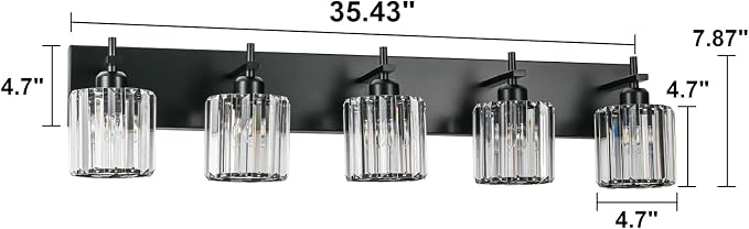 Black Crystal Bathroom Vanity Lights, Modern 5-Lights Bathroom Lighting Fixtures Over Mirror, Crystal Wall Lighting with Round Shade