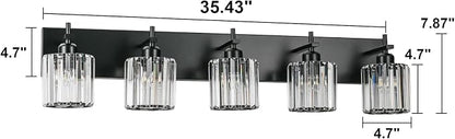 Black Crystal Bathroom Vanity Lights, Modern 5-Lights Bathroom Lighting Fixtures Over Mirror, Crystal Wall Lighting with Round Shade