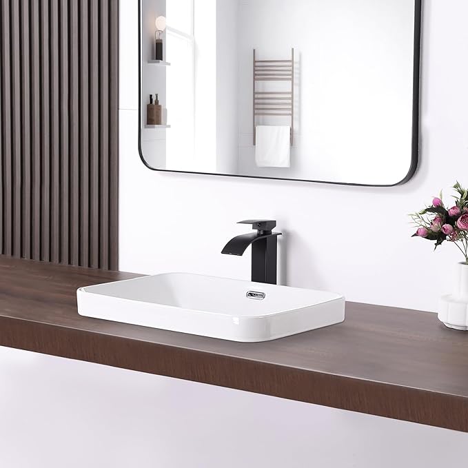 Bathroom Vessel Sink 20.6'' x 14.7'' Semi Recessed Bathroom Sink Rectangular Drop-in Vanity Sink with Overflow White Ceramic Modern Art Basin